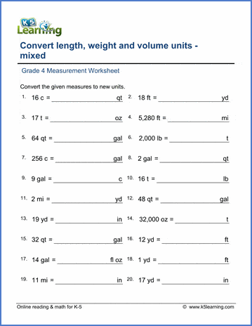 Grade 4 Math Worksheets: Convert lengths weights and volumes K5 Learning