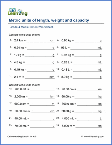 Grade 4 Math Worksheet: Convert lengths weights and volumes (metric