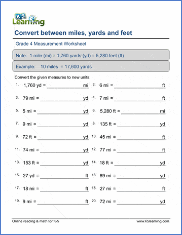 grade 4 measurement worksheets convert lengths feet yards miles