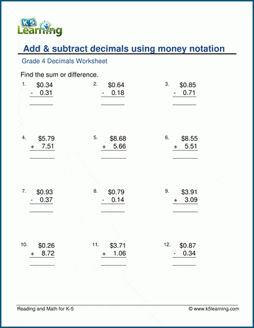 add subtract decimals with money notation worksheets k5 learning