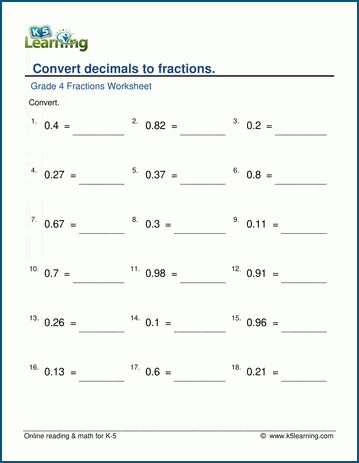 Grade 4 Fractions to decimals Worksheet convert decimals to fractions