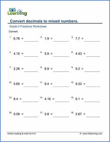 grade 4 math worksheets convert decimals to mixed numbers