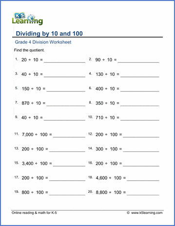 Grade 4 Division Worksheets: Dividing by 10 or 100 | K5 Learning