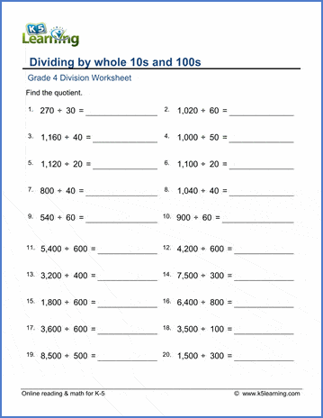 grade 4 division worksheets dividing by whole 10s or 100s k5 learning