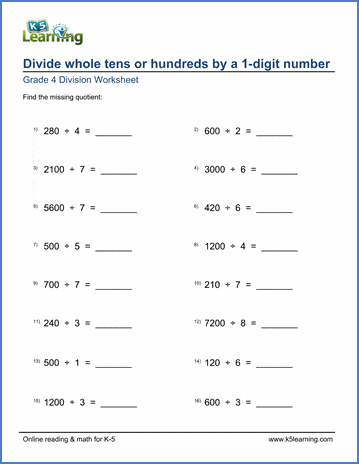 grade 4 division worksheets divide whole tenshundreds by a number