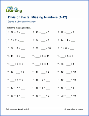 grade 4 mental division worksheet division facts missing numbers k5 learning