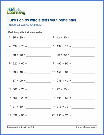 grade 4 division worksheets divide by whole tens with remainders k5