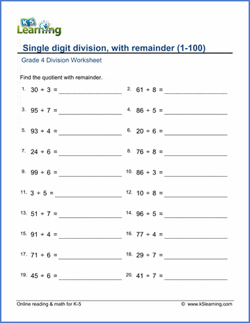 grade 4 division worksheet single digit division with remainder k5