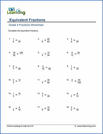 Grade 4 Math Worksheets Equivalent Fractions K5 Learning