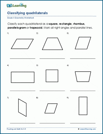 Grade 4 Geometry Worksheets: Classifying quadrilaterals | K5 Learning