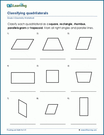 grade 4 geometry worksheets classifying quadrilaterals