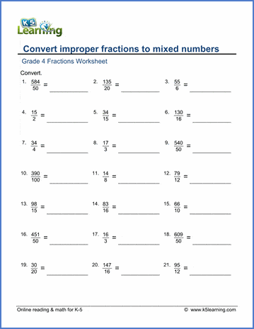 improper fraction to mixed number worksheet