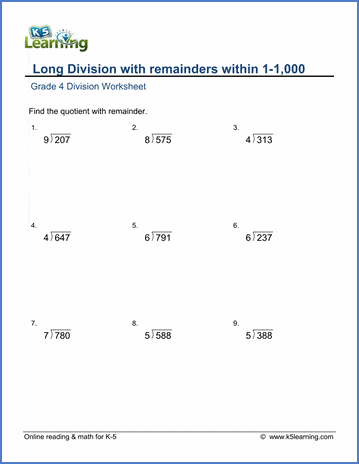 grade 4 math worksheet dividing 3 by 1 digit numbers with remainder