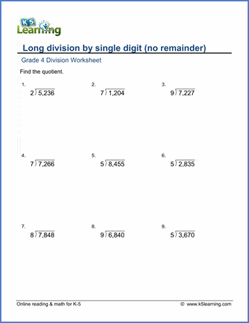 Grade 4 Long Division Worksheet: 4 By 1-Digit Numbers (No Remainder) | K5 Learning