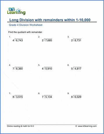 Grade 4 Math Worksheet - Dividing 4 By 1-Digit Numbers With Remainder | K5 Learning