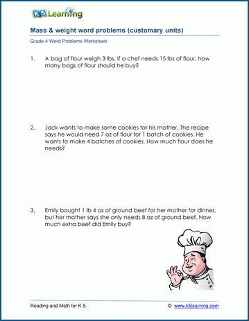 Grade 4 mass and weight word problem worksheets | K5 Learning