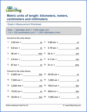 Grade 4 Measurement Worksheets: Convert metric length (with decimals ...