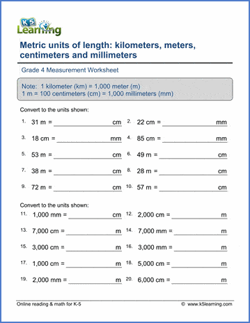 Grade 4 Measurement Worksheets Convert metric lengths K5 Learning