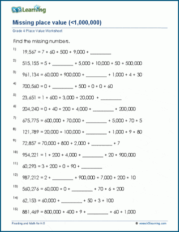 Grade 4 place value & rounding Worksheet find the missing place value from a 6-digit number