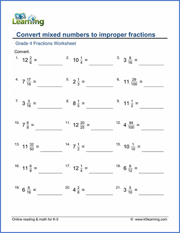 Fraction Worksheets: Convert Mixed Numbers To Improper Fractions | K5 Learning