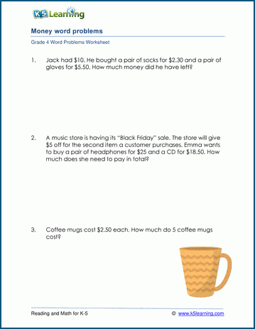 Grade 4 Money Word Problem Worksheets K5 Learning