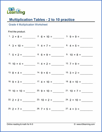 Grade 4 Math Worksheets Multiplication Tables Of 2 To 10 K5 Learning