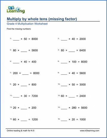 Grade 4 Worksheets: Multiplying By Whole Tens With Missing Factors | K5 Learning