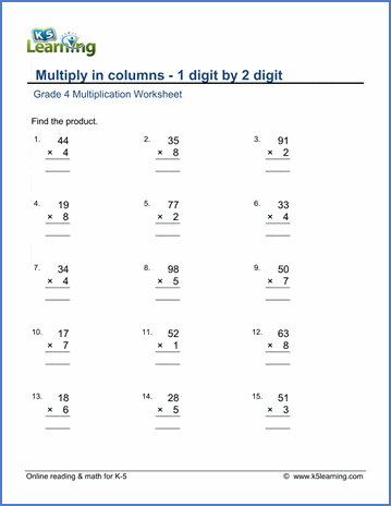 grade 4 math worksheet multiply in columns 1 by 2 digit numbers k5