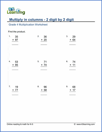 grade 4 math worksheet multiply in columns 2 by 2 digit