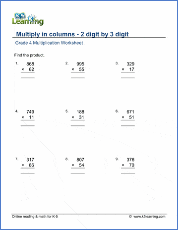 grade 4 math worksheet multiply in columns 2 by 3 digit numbers k5 learning