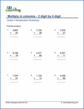 grade 4 math worksheet multiply in columns 2 by 4 digit numbers k5 learning