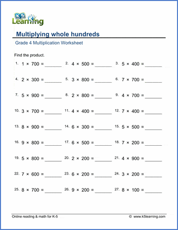 Grade 4 Math Worksheets Multiplication By Whole Hundreds K5 Learning