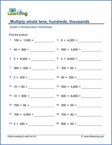 Grade 4 Math Worksheets Multiply Whole Tens Hundreds Thousands K5 Learning