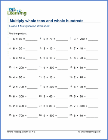 grade 4 multiply whole tens hundreds