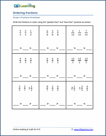 Grade 4 Math Worksheets: Ordering three fractions K5 Learning