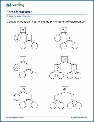 grade 4 factoring worksheets prime factor trees k5 learning