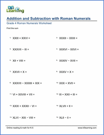 Add and subtract Roman numerals worksheets| K5 Learning