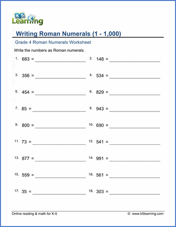 grade 4 roman numerals write 1 1000