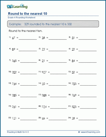 Grade 4 place value & rounding Worksheet round 3-digit numbers to the nearest 10