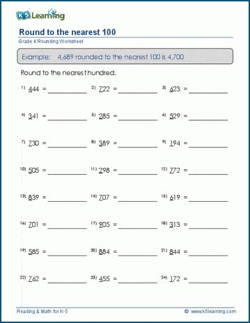 Grade 4 place value & rounding Worksheet round 4-digit numbers to the nearest 100