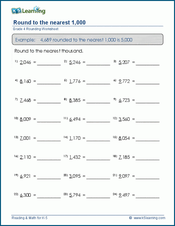 Grade 4 Rounding Worksheet: Round 4-digit numbers to nearest 1,000 | K5 ...