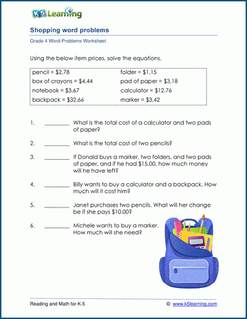 word problems with money 6th grade grade 4 money word