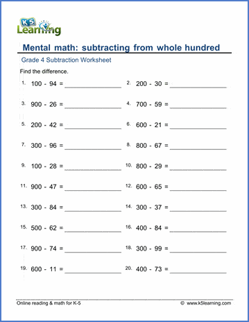 on grade 4 worksheets for maths measurement whole hundreds Worksheets: Subtraction from 4 Math Grade