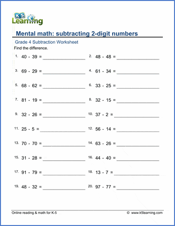 grade 4 math worksheet subtracting 2 digit numbers k5 learning