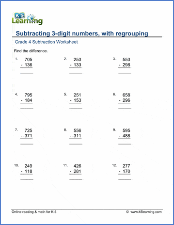 grade 4 math worksheets subtraction of 3 digit numbers k5 learning