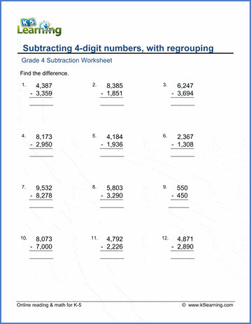 Grade 4 Math Worksheet - Subtraction: Subtracting 4-Digit Numbers | K5 Learning