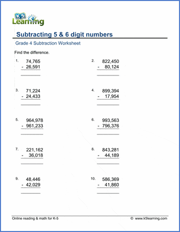 Grade 4 Math Worksheets: Subtraction of 5 and 6 digit numbers | K5 Learning