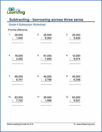 grade 4 subtraction worksheet regrouping across three