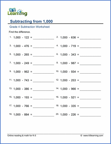 grade 4 math worksheet subtracting from 1000 k5 learning