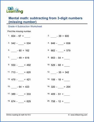 grade 4 math worksheets subtract 3 digit numbers missing number k5 learning